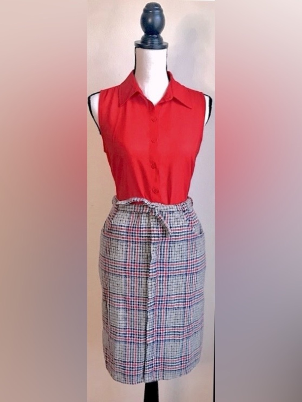 Vintage Plaid Wool Pencil Skirt-Khaki Beige, Red, Blue: Waist Tie, Sz. M/ Sz. 8